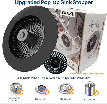 Kitchen Sink Drain Strainer 3 in 1, 304 Stainless Steel Pop Up Sink Stopper, Anti-Clogging Drain Stopper, Strainers for Kitchen, Drain Cover and Kitchen Accessories for US Standard Sink (Black)