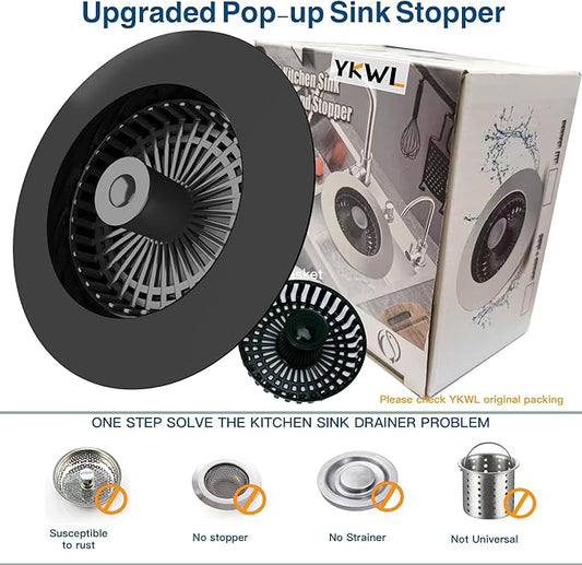 Kitchen Sink Drain Strainer 3 in 1, 304 Stainless Steel Pop Up Sink Stopper, Anti-Clogging Drain Stopper, Strainers for Kitchen, Drain Cover and Kitchen Accessories for US Standard Sink (Black)