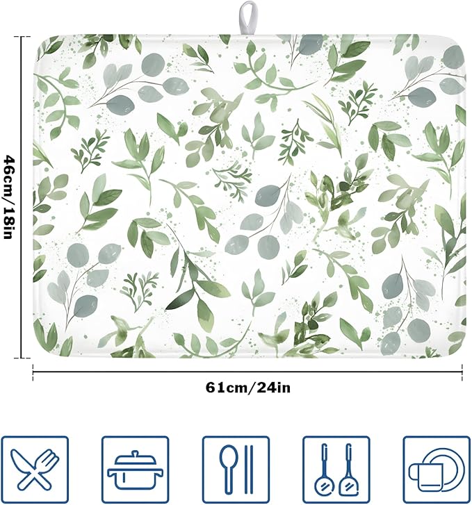 Spring Summer Sage Green Leaves Dish Drying Mat 18 x 24 Inch Spring Eucalyptus Leaf Dish Drainer Rack Mat Absorbent Microfiber for Holiday Kitchen Coffee Dining Bar Decor