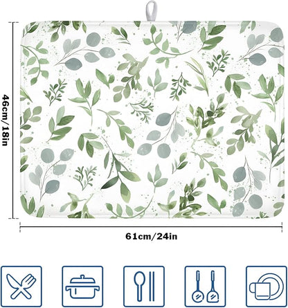 Spring Summer Sage Green Leaves Dish Drying Mat 18 x 24 Inch Spring Eucalyptus Leaf Dish Drainer Rack Mat Absorbent Microfiber for Holiday Kitchen Coffee Dining Bar Decor
