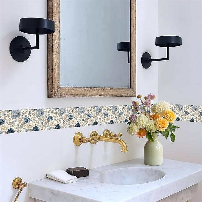Blue Floral Wallpaper Border 196x4 Inch Peel and Stick Removable Vinyl Wall Border Elegant Blue and Beige Flower Wall Trim for Kitchen Bathroom Bedroom Living Room Home Decor