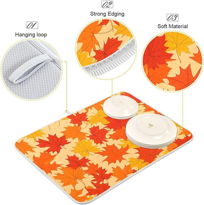 Autumn Maple Leaves Thanksgiving Dish Drying Mat for Kitchen Counter Absorbent Microfiber Drying Pad, Medium 16x18 in