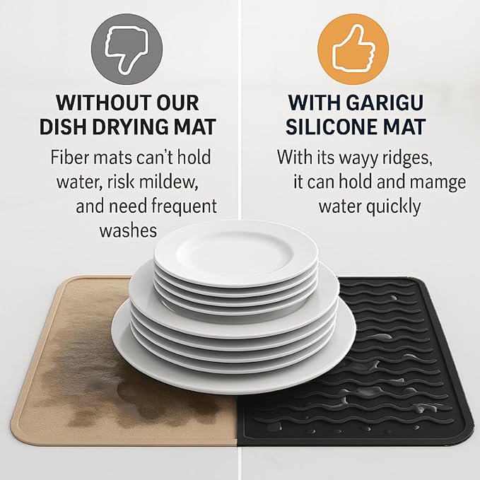 Silicone Drying Mat 16 × 12 – Black Non-Slip Sink Mat for Kitchen Counter, Heat-Resistant Food-Grade Dish Pad, Easy-Clean Multipurpose Drawer Liner (Black, 16'' x 12'')