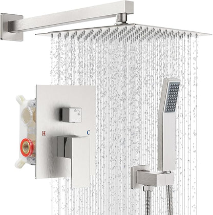 Shower Faucet Set with Shower Head, Wall Mount 10 Inch Square Rainfall Shower Head and Handle Set Single Handle Shower System Set with Female Threads Valve Body and Trim Included(Brush Nickel)
