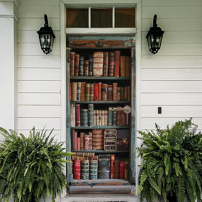 REDAMANCY Vintage Book Shelf Red Green Brown Antique Peel and Stick Door Stickers Vinyl 3D Door Mural Decals Decor Wallpaper Self-Adhesive, Waterproof, Removable