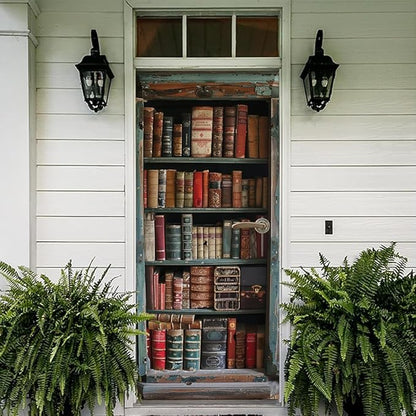 REDAMANCY Vintage Book Shelf Red Green Brown Antique Peel and Stick Door Stickers Vinyl 3D Door Mural Decals Decor Wallpaper Self-Adhesive, Waterproof, Removable