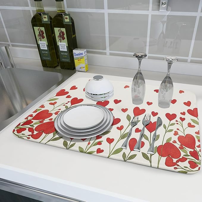 Valentine's Day Dish Drying Mat 18 x 24 Inch With Absorbent Reversible Microfiber Valentine Red Hearts Leaf Drying Anniversary Wedding Dish Drainer Mat Fast Dry For Kitchen Dining Room Decor