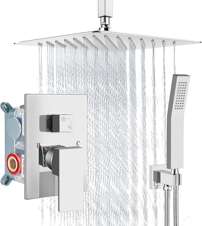 Aolemi Ceiling Mount Shower System Rain Shower Head with Handheld Spray High Pressure Shower Faucet Set Rough-in Valve Shower Trim Kit Included Bathroom Polish Chrome 10 Inch Ceiling Shower Head