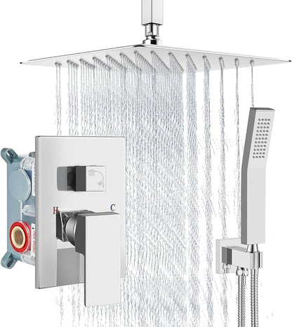 Aolemi Ceiling Mount Shower System Rain Shower Head with Handheld Spray High Pressure Shower Faucet Set Rough-in Valve Shower Trim Kit Included Bathroom Polish Chrome 10 Inch Ceiling Shower Head