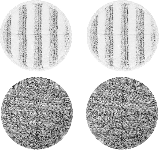 4-Pack 6.3in Electric Mop Replacement Pads – 2 Gray High-Absorbent Pads & 2 White Scrubbing Pads with Gentle Plastic Brushes – Fits Most Spin Mop Machines, Hardwood & Tile Floors