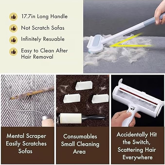 Reusable Pet Hair Remover Brush, 4-in-1 Multifunction Pet Hair Removal Tool with 17.7" Extra Long Handle for Furniture, Car, Carpet & Multi-Surfaces (Blue)
