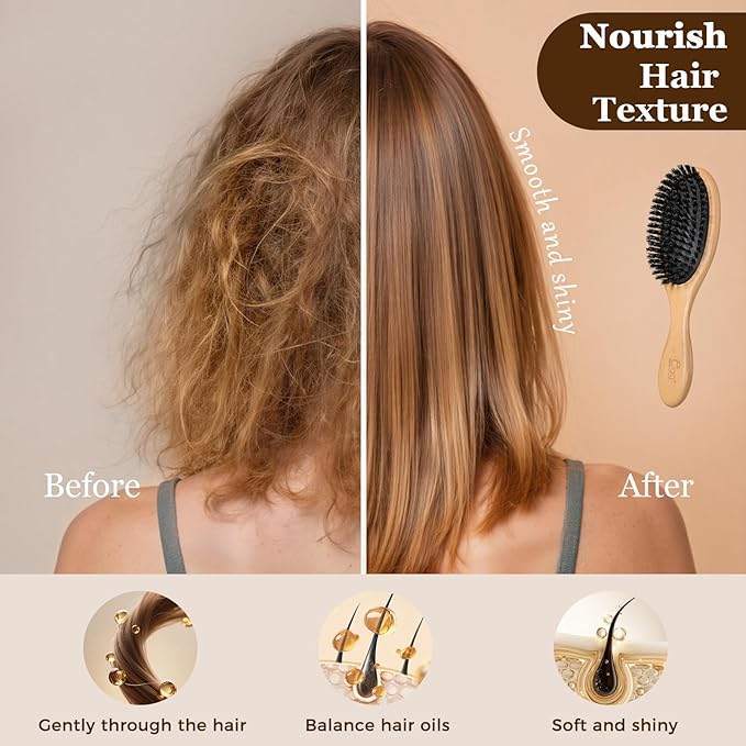 BLACK EGG Boar Bristle Hair Brush for Women Men Kid, Soft Natural Bristles Brush for Thin and Fine Hair, Restore Shine and Texture, Set includes Bamboo comb and 3 hair ties, Excellent Gift Idea