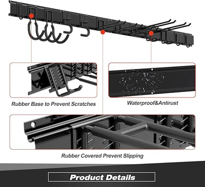 Sttoraboks Garage Tool Storage Rack, Heavy Duty Garage Storage Organizer Rack System Wall Mounted Tool with 12 double hooks, 4 rails Garden Tool Rack