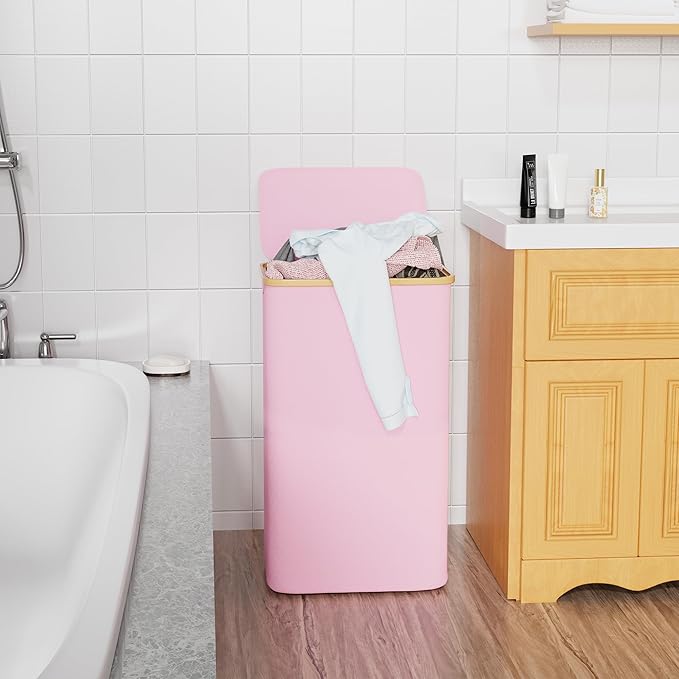 SUOCO Laundry Hamper with Lid, 29 Gal (110L) Clothes Basket with Bamboo Handles, Large Foldable Laundry Hamper for Bedroom, Bathroom, Dorm, Laundry Room - Pink