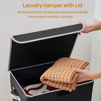 Laundry Hamper with Lid, 90L Collapsible Clothes Basket, Strong Struture, Dirty clothes Hamper, Removable Laundry Bag with String Closure, for Bedroom, Bathroom, Dorm, College, Toys, Black
