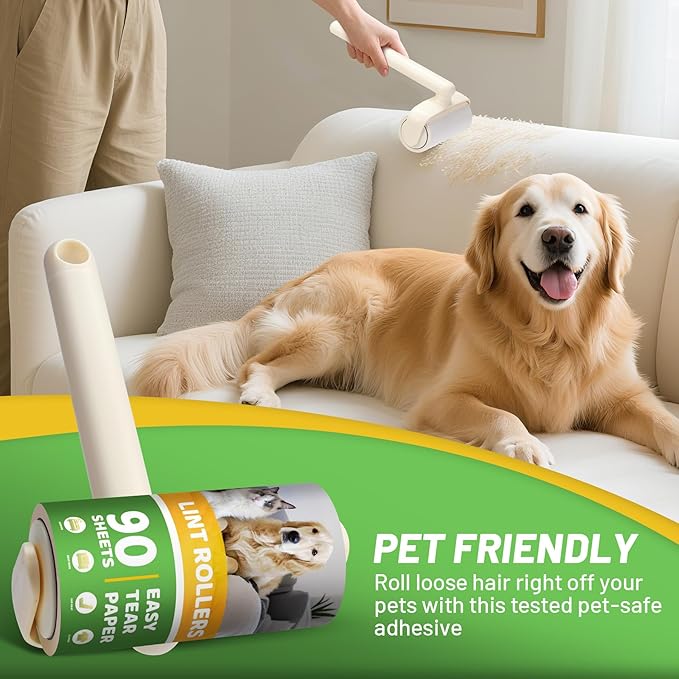 Lint Roller 2-in-1 Rotatable Handle Pet Hair Remover for Laundry Dog Hair, Cat Hair, Animal Fur, Fuzz Extra Sticky Roller for Couch, Clothes, Furniture and Carpet (4 Pack)