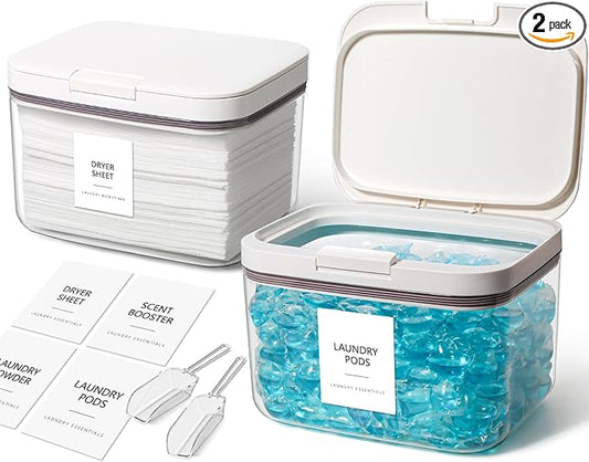 Dryer Sheet Holder and Laundry Pods Container, 2 Pack 2.96 qt. / 95 fl oz Powder Dispenser for Room Organization Decor, Plastic Pod Beads Detergent Storage