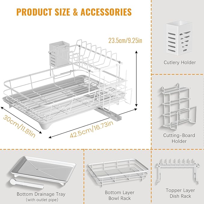 Dish Drying Rack,2-Tier Rustproof Steel Kitchen Organizer with Drainboard & Utensil Holder, Large Capacity Dish Drainer Organizer for Bowls/Cups/Bottles (MS-A-356-2)