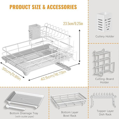 Dish Drying Rack,2-Tier Rustproof Steel Kitchen Organizer with Drainboard & Utensil Holder, Large Capacity Dish Drainer Organizer for Bowls/Cups/Bottles (MS-A-356-2)
