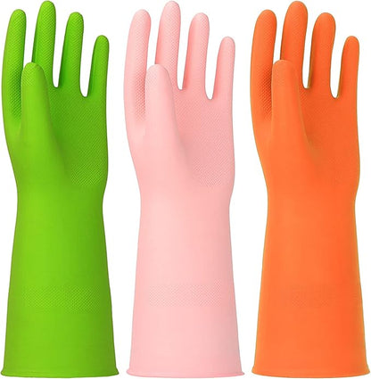 3 Pairs Rubber Cleaning Gloves Latex Free Dishwashing Gloves - 13" Reusable Nitrile Gloves Large, Green+Pink+Orange