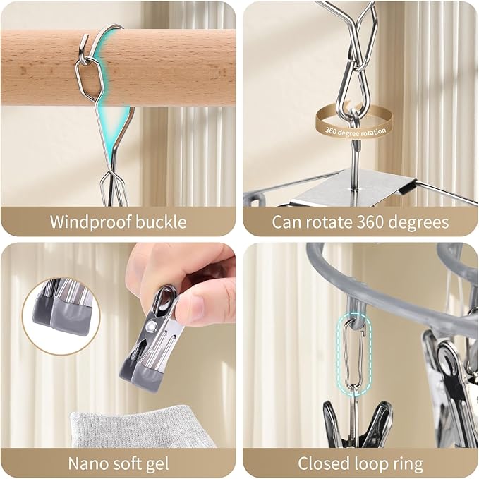 PHYDELU Drying Rack Clothing with 24 Clips，Sock Hanger for Drying，Hanging Clothes Dryer Underwear Hangers Racks Laundry Herb Socks Panty Wet Bra Lingerie Baby Delicates Foldable Small Indoor Metal