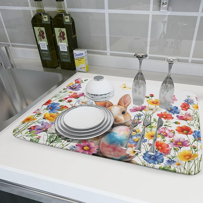 Spring Easter Rabbit Egg Dish Drying Mat for Kitchen Counter,Colorful Flowers Butterfly Drying Mat 18 x 24 Inch with High Absorbent Microfiber Drainer Mat for Coffee Bar