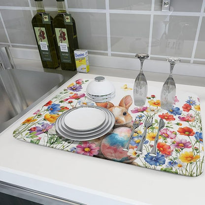 Spring Easter Rabbit Egg Dish Drying Mat for Kitchen Counter,Colorful Flowers Butterfly Drying Mat 18 x 24 Inch with High Absorbent Microfiber Drainer Mat for Coffee Bar