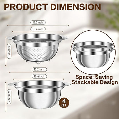 Colander, Strainer Bowl, Stainless Steel Colander, Rice Washing Bowl, Pasta Strainer & Vegetable Washer, Kitchen Strainer with Mixing Bowl for Draining, Food Prep, Dishwasher Safe, 4QT