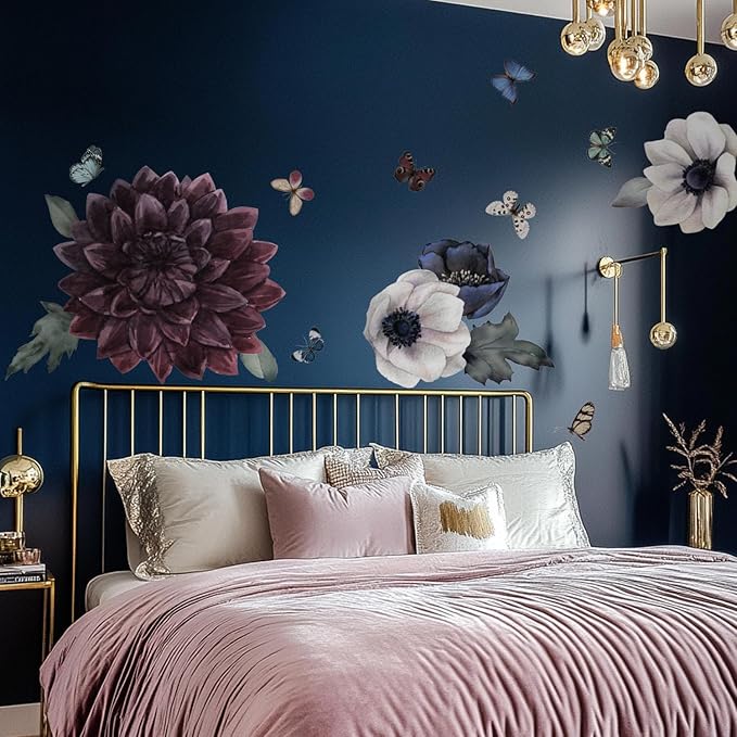 Fabric Peel and Stick Floral Wall Decal, Self-Adhesive Peony Flowers Wallpaper, Black Rose Sticker for Living Room Bedroom Wall Decor, Eden Peony