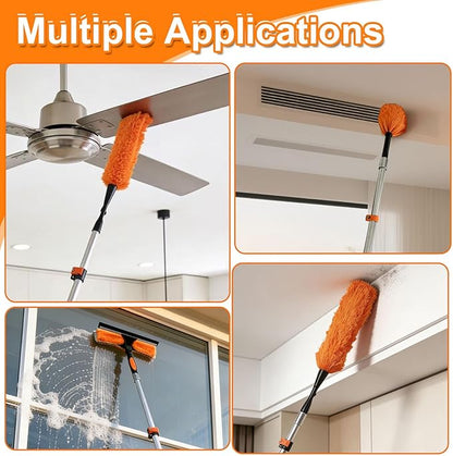 30FT High Reach Duster Kits with Dual Action Flip-Lock & Screw Fixing Design, 5-24FT Extension Pole, Cobweb Duster, Washable Ceiling Fan Cleaner & Window Squeegee for Glass & High Roof