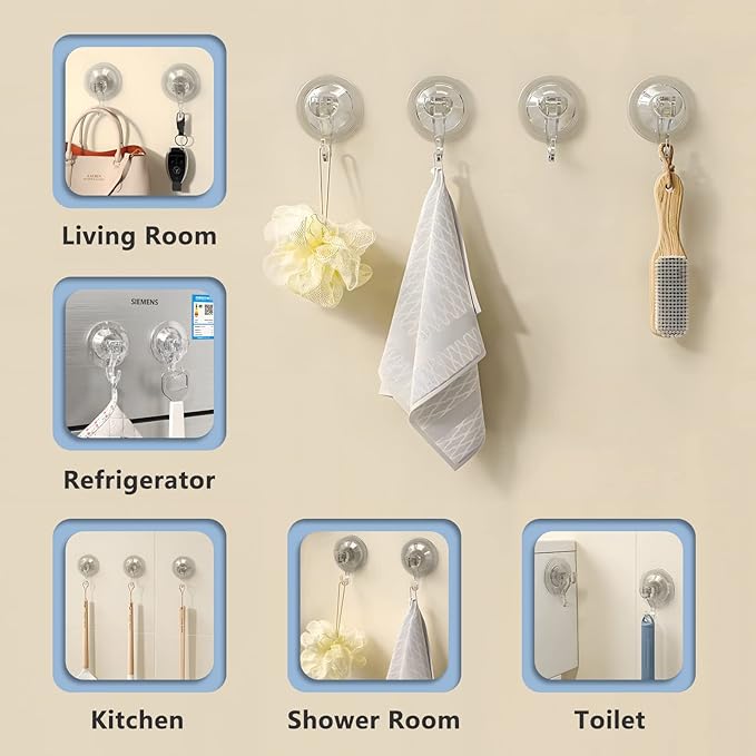 CozyBlue Heavy Duty Suction Cup Hooks for Shower - 4 Pack Waterproof Shower Suction Hook Reusable and Removable Strong Attachment on Window, Glass Door, Kitchen