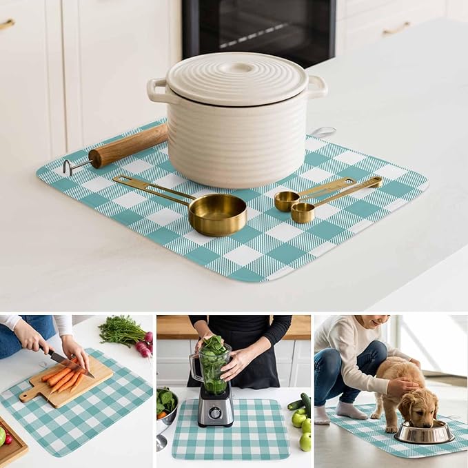 Dish Drying Mat Teal Green White Check Plaid Drying Mats for Kitchen Counter Farmhouse Style Absorbent Microfiber Dish Drainer Quick Drying Coffee Mat with Hanging Loop, 18 x24 inch