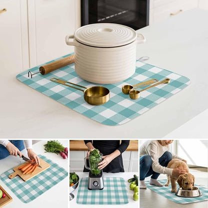 Dish Drying Mat Teal Green White Check Plaid Drying Mats for Kitchen Counter Farmhouse Style Absorbent Microfiber Dish Drainer Quick Drying Coffee Mat with Hanging Loop, 18 x24 inch