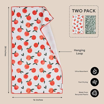 RECYCO Waffle Kitchen Towel Set of 2 - Quick Dry Microfiber Sustainable Dish Towels - Ultra Absorbent Reusable Cleaning Tea Towels - Lightweight Hand Towels,16”x 28”, Peachy Leaves