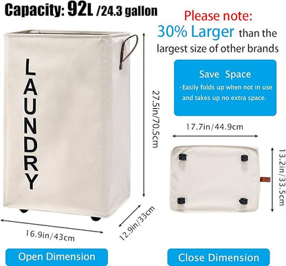 92L Large Laundry Hamper with Leather Handle,Standable Laundry Basket with Wheels ,Large Hamper,Rolling Laundry Basket White