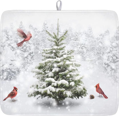 Winter Forest Dish Drying Mat for Kitchen Counter Silvery White Pine Trees Snow Snowflake Drying Mat 16x18 Inch Holiday Absorbent Dish Drainer Mat Kitchen Accessories