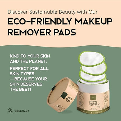 Greenzla Reusable Makeup Remover Pads (20 Pack) Washable Laundry Bag & Round Box for Storage, Reusable Bamboo Cotton Rounds for All Skin Types