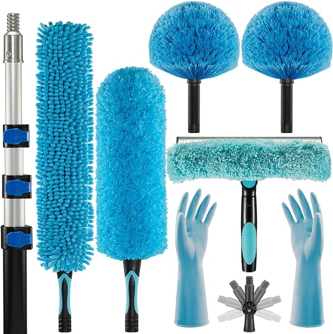 30 Foot Fan Cleaner High Ceiling 2 Cobweb Dusters with Heavy Duty Extension Pole, Window Squeegee Kit, Household Cleaning Gloves(24ft)