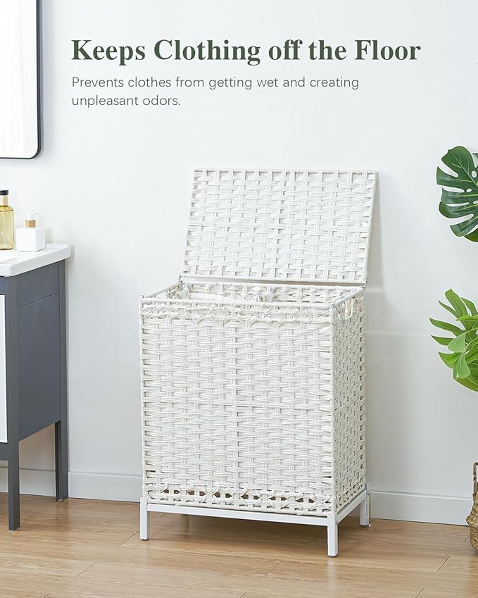 Laundry Hamper with Lid,112 L Handwoven Rattan Wicker Laundry Basket, 2 Removable Liner Bags Metal Heightened Feet,6 Mesh Bags,2 Section Large Clothes Hamper for Bathroom Bedroom, Cloud White