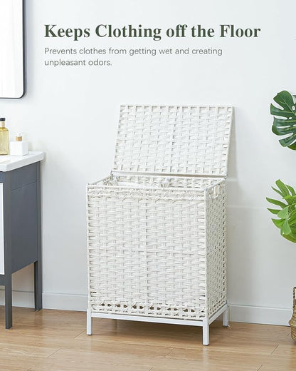 Laundry Hamper with Lid,112 L Handwoven Rattan Wicker Laundry Basket, 2 Removable Liner Bags Metal Heightened Feet,6 Mesh Bags,2 Section Large Clothes Hamper for Bathroom Bedroom, Cloud White