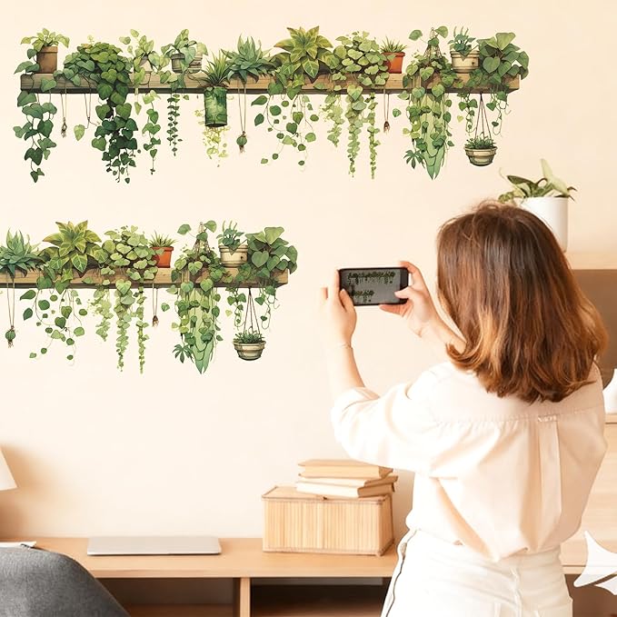 Nature Green Plants Peel and Stick Wall Decals Wallpaper Removable Wall Decals Shelves Green Plants Vinyl Art Stickers & Murals for Living Room Kitchen Bathroom Decoration (2pcs A)