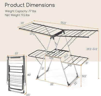 Giantex Clothes Drying Rack, Foldable Laundry Drying Rack with 33 Drying Rails, 3-Level Adjustable Height, Versatile Clips, Wave-Shaped Bars, Collapsible Freestanding Airer for Indoor Outdoor