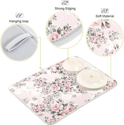 Floral Pink Roses Bouquets Dish Drying Mat for Kitchen Counter Absorbent Microfiber Drying Pad, Medium 16x18 in