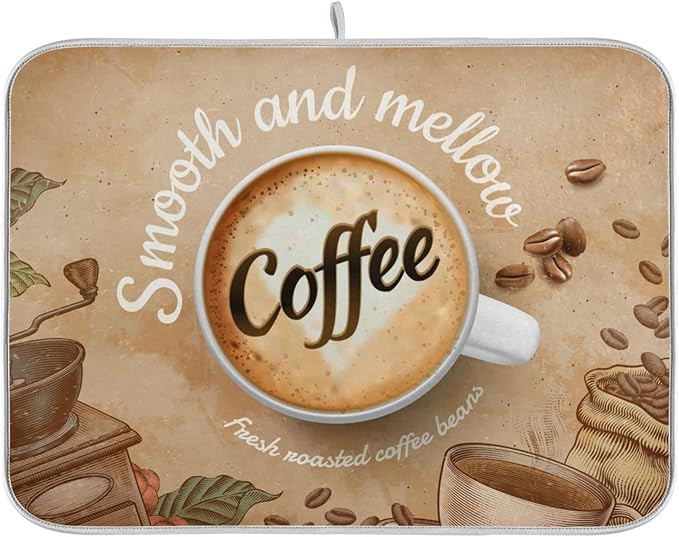 Super Absorbent Dish Drying Mat, Microfiber Fast-Drying Dish Mat, 24" x 18", Kitchen Dish Drying Pad, Coffee Cup Retro Brown