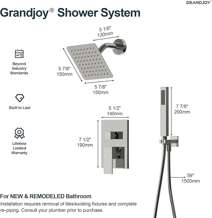 2-Spray Pattern 6 in.Square Shower head with Single Handle Shower Handheld Faucet 2.5 GPM in Polish Chrome