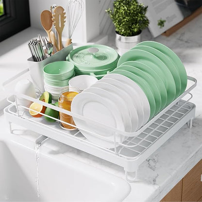 Kitsure Dish Drying Rack for Kitchen Counter, Stainless Steel Sink Organization and Storage Essentials with Cutlery Holder, Home and Appartment Decor, 12.7''W x 16.7''L, White
