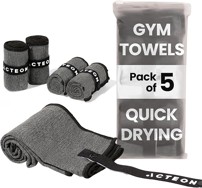 Acteon Microfiber Quick Dry Gym Towel, Silver ION Odor-Free Absorbent Fiber, Fast Drying, Men & Women Workout Gear for Body Sweat, Working Out, Towels Charcoal Grey