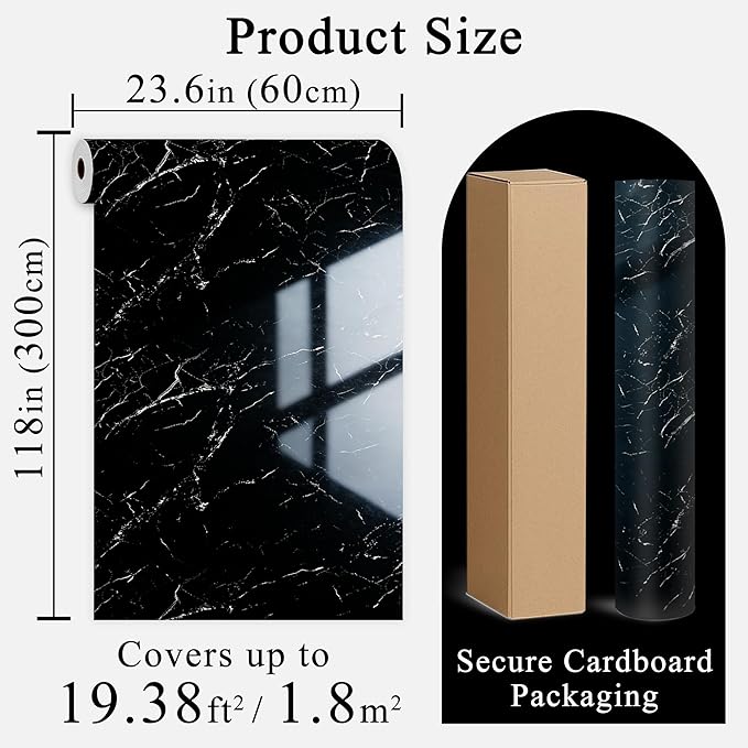 Black Statuario Marble Peel and Stick Wallpaper, Glossy Texture Vinyl Wall Panels, Waterproof Renter Friendly, 23.6" x 118", TV Accent Wall, Bathroom, Foyer, Coffee Shop Decor