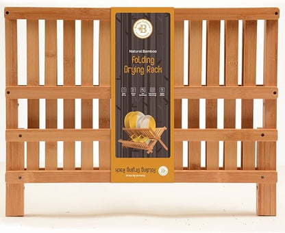 Dish Drying Rack - Collapsible Bamboo 2 Tier Foldable Wooden Dish Drainer for Countertop, Plates Cups Bowls Utensils, Eco Friendly Folding Bamboo Dish Rack for Kitchen Home Apartment RV - by Bambusi