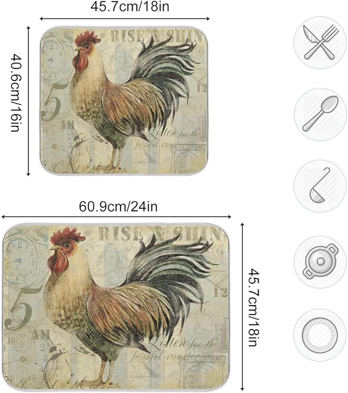 Farmhouse Rooster Dish Drying Mat 18 x 24 Inch with Hanging Loop High Absorbent Reversible Microfiber Dish Drying Pad Dish Rack Pad Drainer Mat for Kitchen Counter Coffee Bar